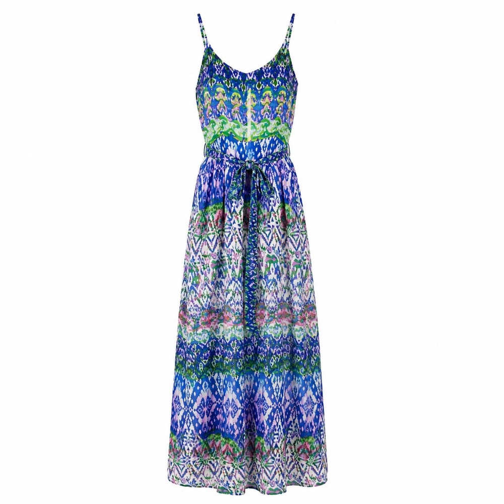Charlie Jade Maxi Dress Ikat Print Small Blue Women Summer Boho Chiffon Long